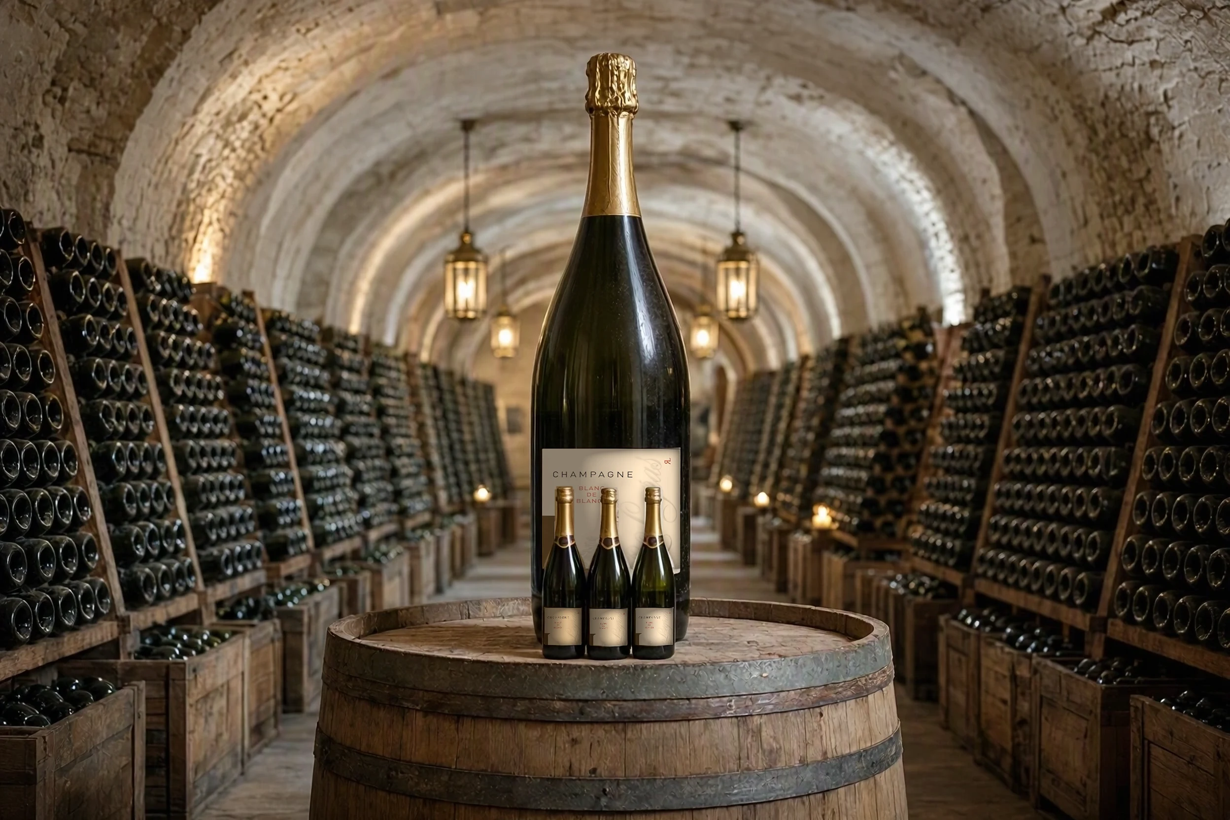 Un Melchisédech R&L Legras Blanc de Blancs de 30 litres dans une cave de craie de Champagne.