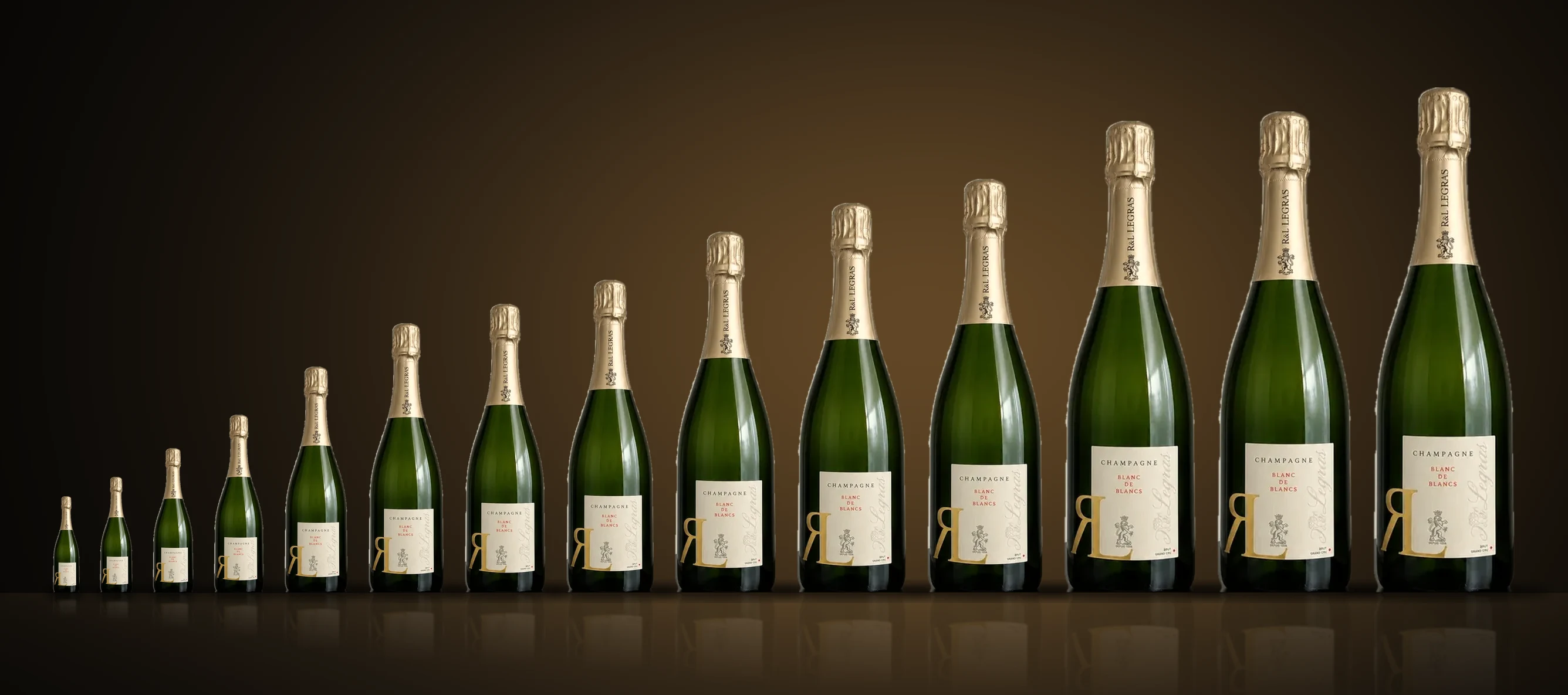 R&L Legras Blanc de Blancs, du Quart (20 cl) au Melchisédech (30 L). Hauteurs à l'échelle.