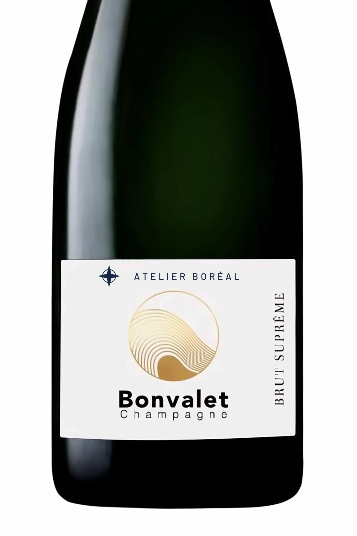 Étiquette avant du Brut Suprême Bonvalet avec le logo d'une entreprise.
