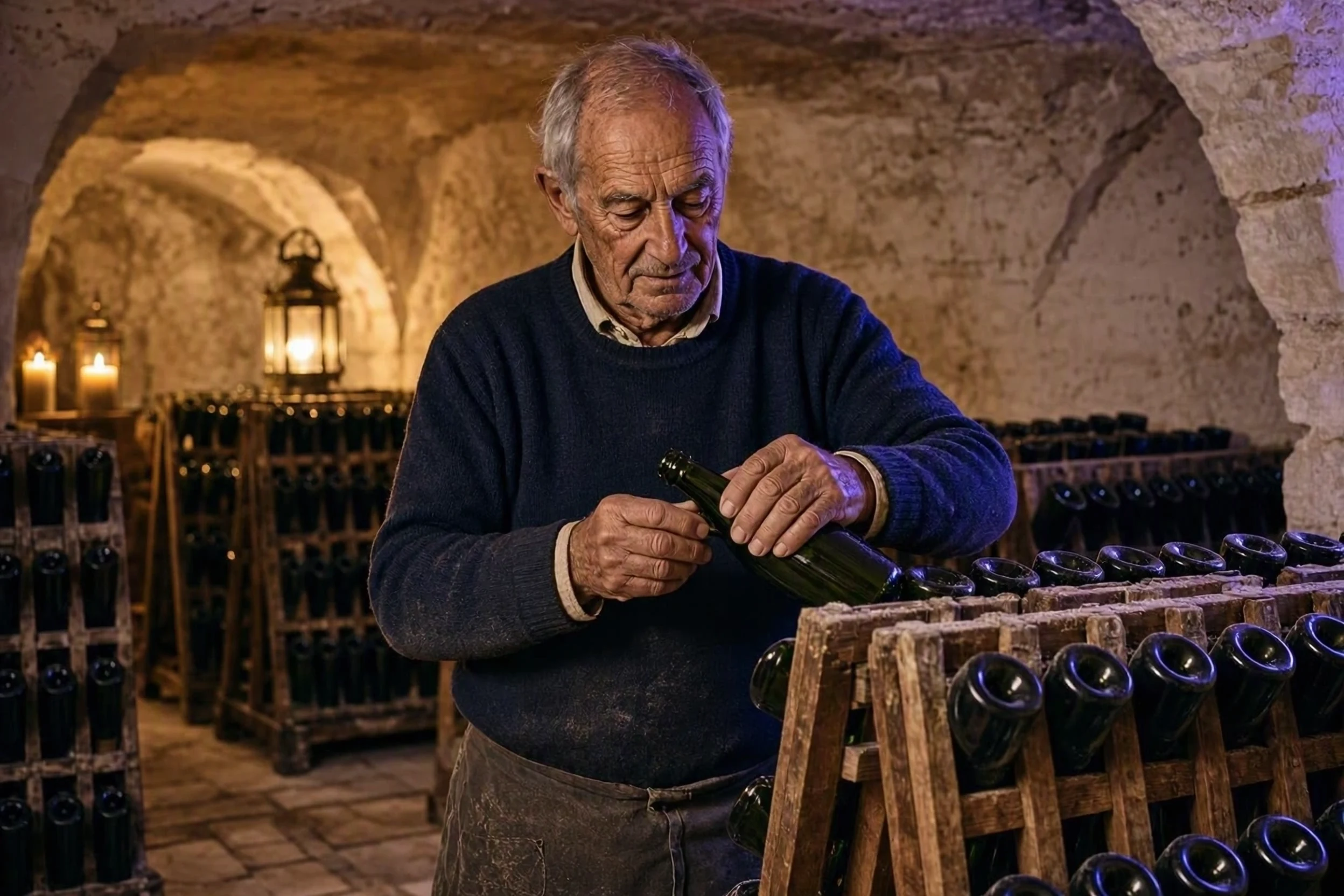 Un vigneron dans sa cave de craie, parmi les pupitres